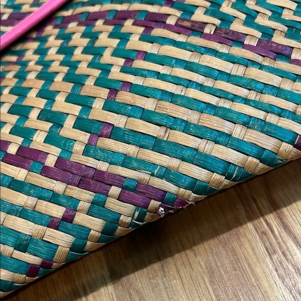 vintage mayan Woven wicker Clutch and Wallet Set Pink Trim purple green bundle